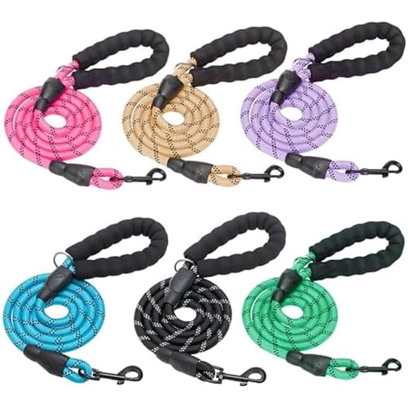 Heavy Duty Rope Dog Leash 6 Pack, 6FT Nylon Pet Leash with Reflective Thread, Soft Padded Handle Thick Lead Leash for Large Medium Dogs Small Puppy,3/8inch X 5 FT (18~120 lbs)