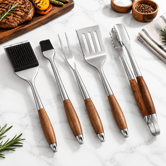 Heavy-Duty Rose Wood BBQ Grilling Tools Set with Stainless Steel Utensils, 4-Piece