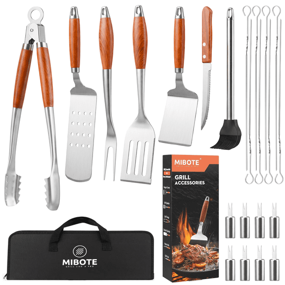 Mibote 20Pcs BBQ Grill Accessories Set, Heavy Duty Stainless Steel Grilling Tools Kit with Rosewood Handle, Carrying Bag