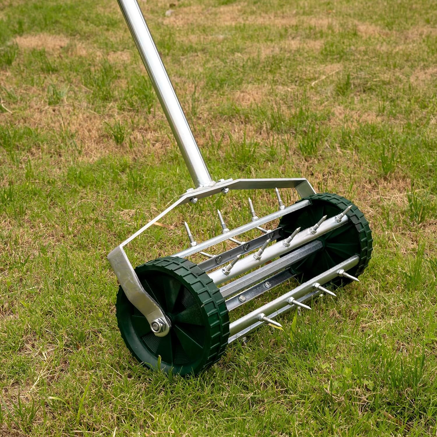 Heavy Duty Rotary Push Rolling Lawn Aerator with 3-Piece Long Steel Handle 1.4-Inch Spike Soil Aeration Gardening Tool for Yard Grass Maintenance