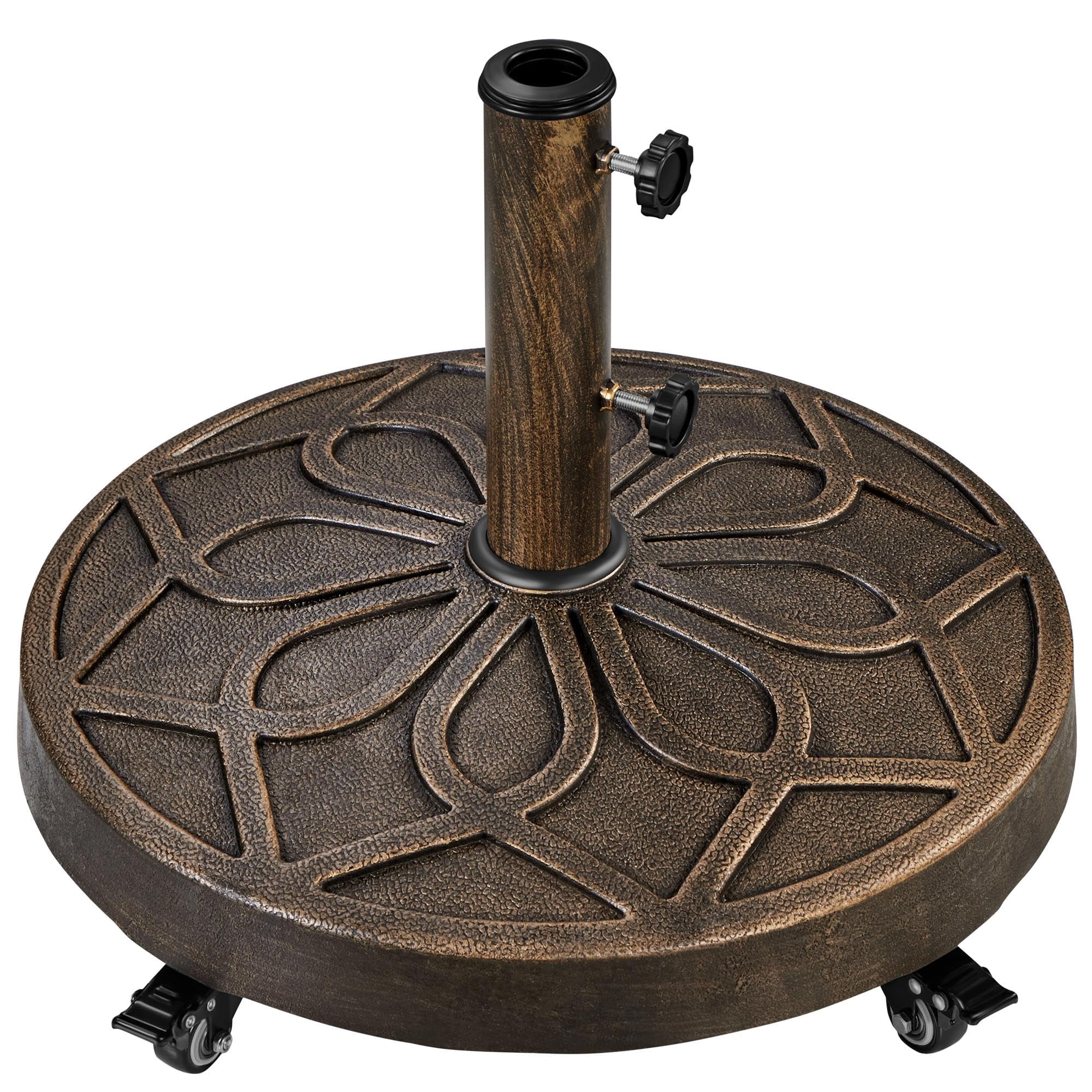 Heavy Duty Round Umbrella Base with Lockable Wheels, 20 Inch Market Patio Umbrella Stand for Garden, Yard, Outdoor, Fits Standard 1.5 to 1.9 Inch Poles, Bronze