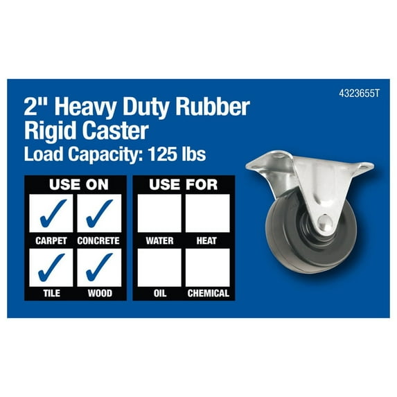 Heavy Duty Rubber Caster Wheel with Rigid Non-Swivel Top Plate - 2-Inch - 125 lb. Load Capacity