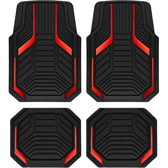 Heavy Duty Rubber Floor Mats, Red Aluminum Film Car Mats Set, Front and Rear Car Mats with Anti-Slip Backing, All Weather Protection, Trim-to-Fit for Automotive SUV, Sedan, Van