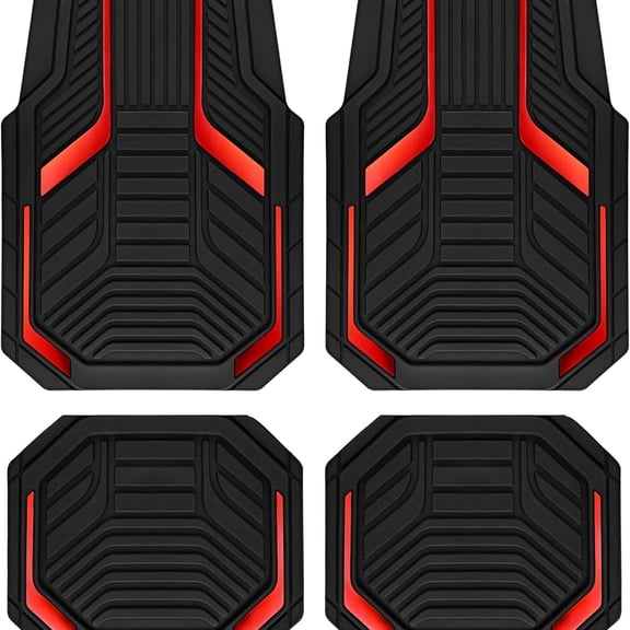 Heavy Duty Rubber Floor Mats, Red Aluminum Film Car Mats Set, Front and Rear Car Mats with Anti-Slip Backing, All Weather Protection, Trim-to-Fit for Automotive SUV, Sedan, Van