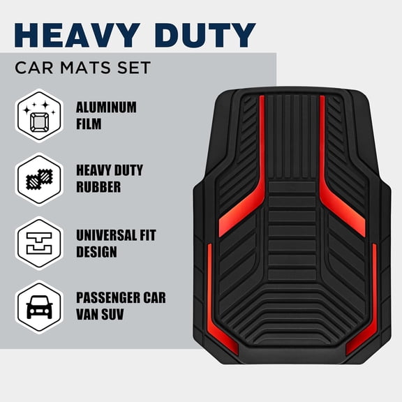 Heavy Duty Rubber Floor Mats, Red Aluminum Film Car Mats Set, Front and Rear Car Mats with Anti-Slip Backing, All Weather Protection, Trim-to-Fit for Automotive SUV, Sedan, Van