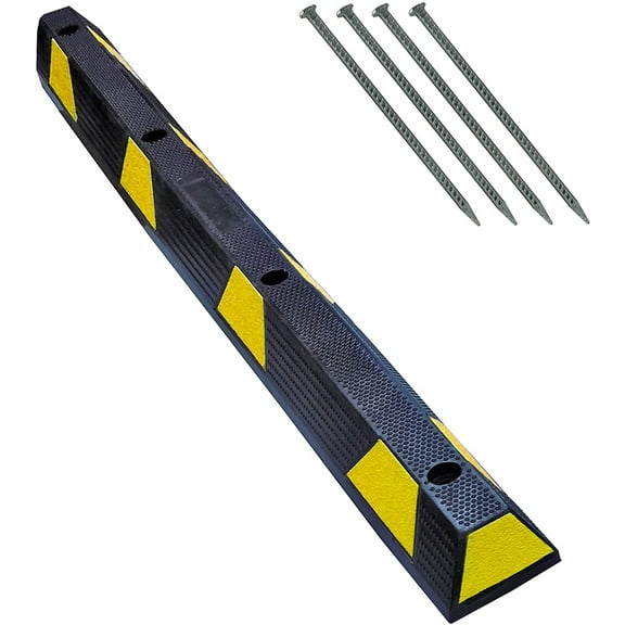 Heavy Duty Rubber Parking Block Curbs w/ Asphalt Spikes - Height: 3.75" - Length: 72" - Color: Yellow on Black - 1 Piece
