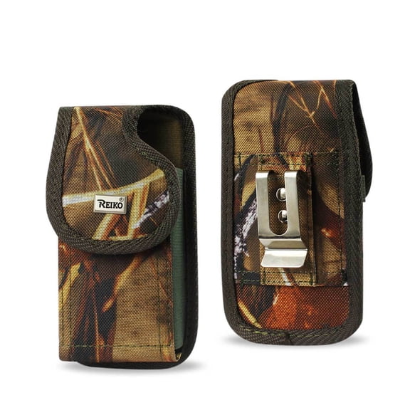 Heavy Duty Rugged Camo Hunting Vertical Case with Hook and Loop Closure and Metal Clip on the back for Verizon Orbic Wonder phone with a cover on it.