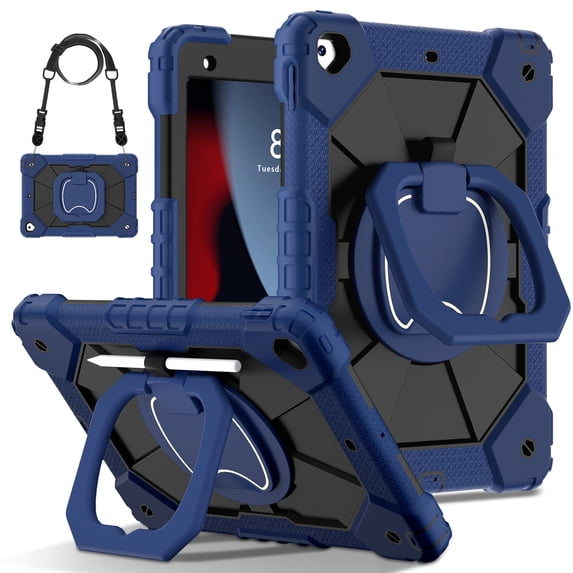 Heavy Duty Rugged Case For iPad 7th 8th 9th Generation 10.2 inch Rotating Stand Shockproof Cover with Shoulder Strap & Pencil Holder