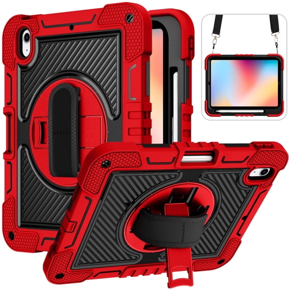Heavy Duty Rugged Case For iPad (A16) 11th Gen / 10th Gen Shockproof Cover with Rotatable Stand & Shoulder Strap & Hand Strap & Pencil Holder