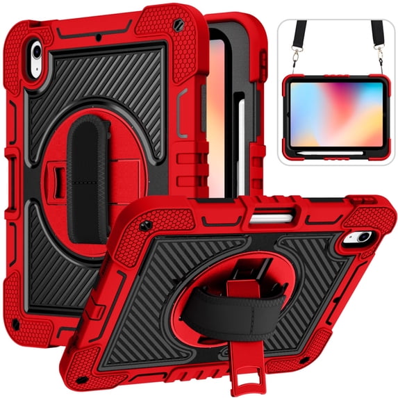 Heavy Duty Rugged Case For iPad (A16) 11th Gen / 10th Gen Shockproof Cover with Rotatable Stand & Shoulder Strap & Hand Strap & Pencil Holder