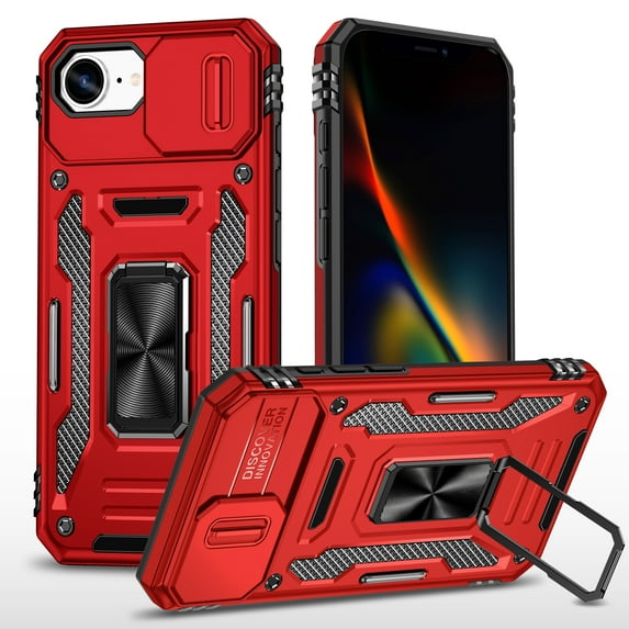 Heavy Duty Rugged Case for iPhone 16e, Case with Rotatable Ring Kickstand & Sliding Camera Cover, Support Magnetic Car Mount, Soft TPU Shockproof Hard PC Back Case - Red