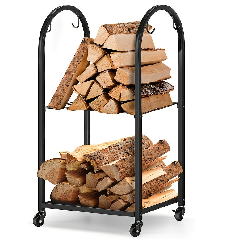 Heavy-Duty Rust-Proof Metal Firewood Rack with Wheels & 4 Hooks - 2 ...