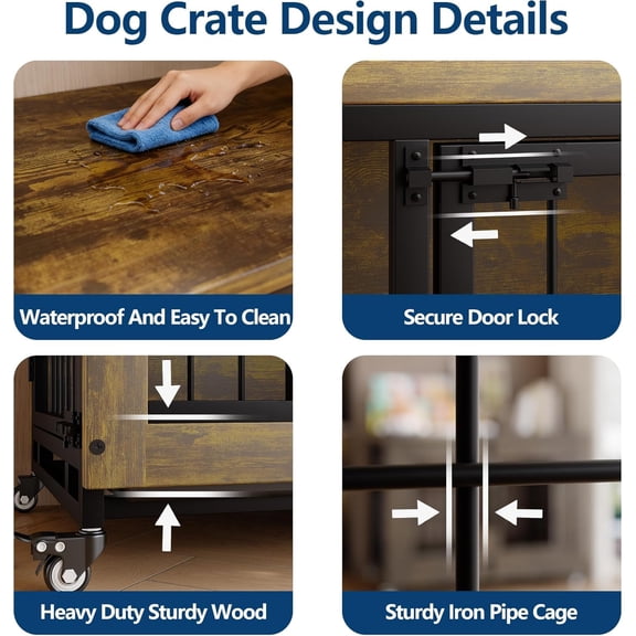 Heavy Duty Rustic Wood Dog Crate Furniture 3 Doors, Locking Wheels, Removable Tray Chew-Resistant, Easy Clean Indoor Kennel Side Table for Small to Medium Dogs Model NPTT-98