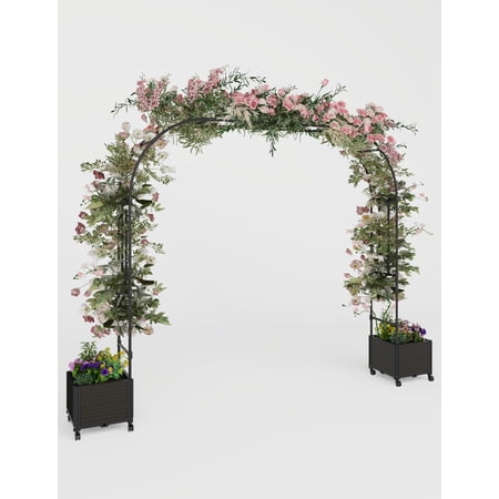 Heavy Duty Rustproof Metal Garden Arch Trellis with 2 Planter Boxes & Rolling Wheels, Outdoor Arbor for Climbing Plants, Pergola Support & Wedding Party Backdrop - Span 2.2