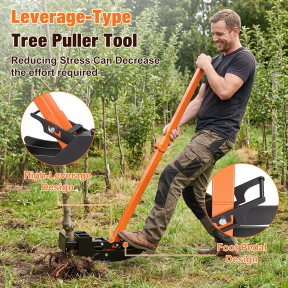 Heavy-Duty Sapling Puller Tool, High-Leverage Tree Puller, Fully Uproots 1/4" to 2" Woody Stems, Effort-Saving Garden Root Remover for Shrubs, Vines, Thorns, Small Stumps-Orange
