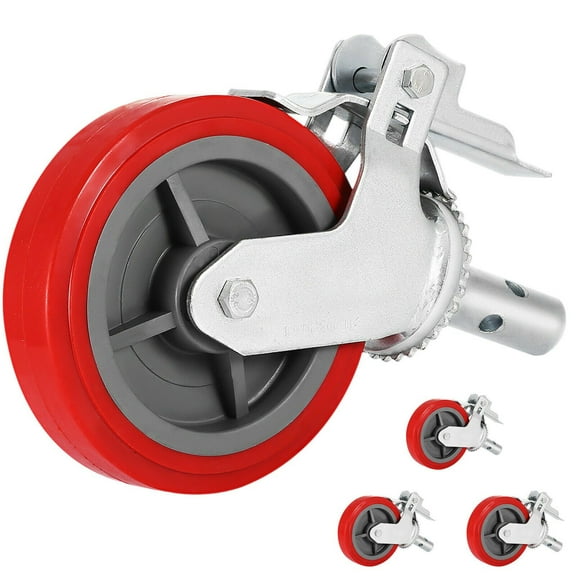 Heavy Duty Scaffolding Wheels Set of 4 8 Inch 3200 Lbs Capacity Locking Stem Casters with Brake Red Polyurethane Replacement for Scaffold Shelves Workbench