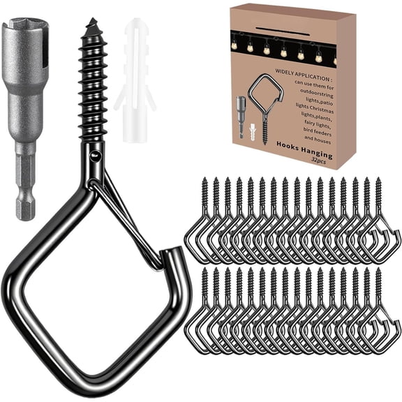 Heavy-Duty Screw-In Hooks with Safety Buckle, 2.16 Inch Metal Ceiling Hooks for and Outdoor String Lights, Windproof Eye Hooks Screw for Patio, Lights, Bird Feeders (Black, 32 count)
