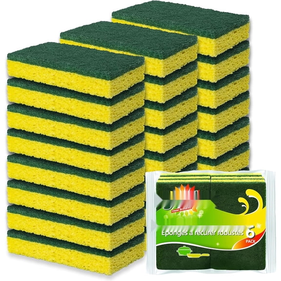 Heavy Duty Scrub Sponges - Dishwashing Sponge Along with A Tough Scouring Pad - Ideal Cleaning Kitchen, Dishes, Bathroom - Yellow - 24 Dish sponges
