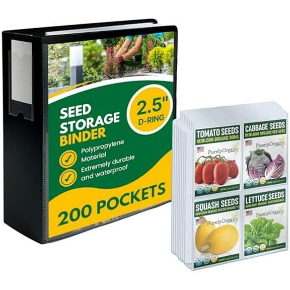 Heavy-Duty Seed Storage Kit for Organizing Seed Packets, with 200 Pockets, 3.5 x 5.25'' Pocket Size, 50 Clear Pages w/ 4 Sleeves per, 2.5" Capacity, Cover is Solid Black Plastic