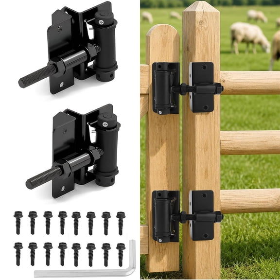 Heavy Duty Self Closing Gate Hinges, Adjustable Tension Fence Hinges for Wood/Metal/Vinyl Gates, Rust-Proof Black Spring Hinges for Swing Doors, Garden Shed Gate Hardware Kit (2 Pack)