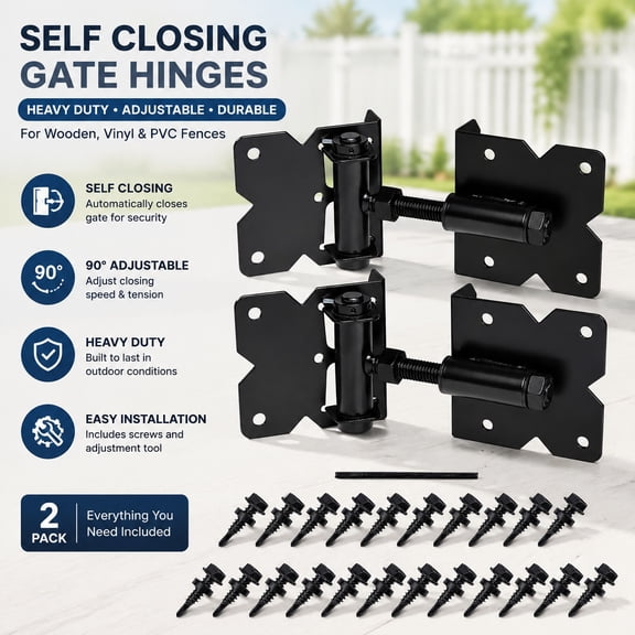 Heavy Duty Self Closing Gate Hinges for Wooden Vinyl PVC Fences, 90 Degree Adjustable, Includes Installation Screws and Swing Adjuster Tool, 2 Pack, Black