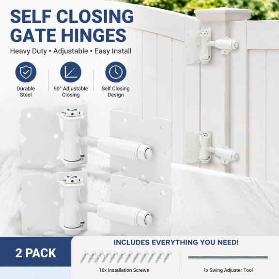 Heavy Duty Self Closing Gate Hinges for Wood Vinyl PVC Fences, 90 Degree Adjustable Gate Hardware with Screws & Swing Adjuster Tool, 2 Pack White