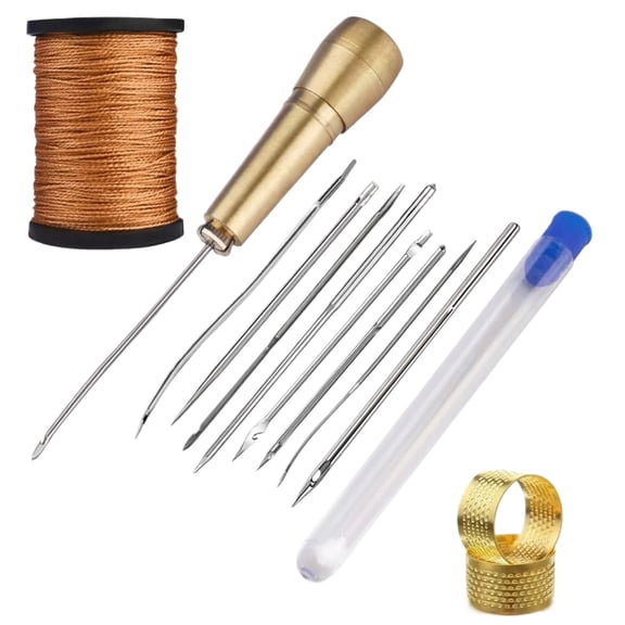 Heavy Duty Sewing Needles, Upholstery NeedlesforHand Sewing, Leather Sewing Needles, Leather Sewing Awl, Nylon ThreadforSewing, Leather Thimble, Hand Tools, Brown, 1 Kit,