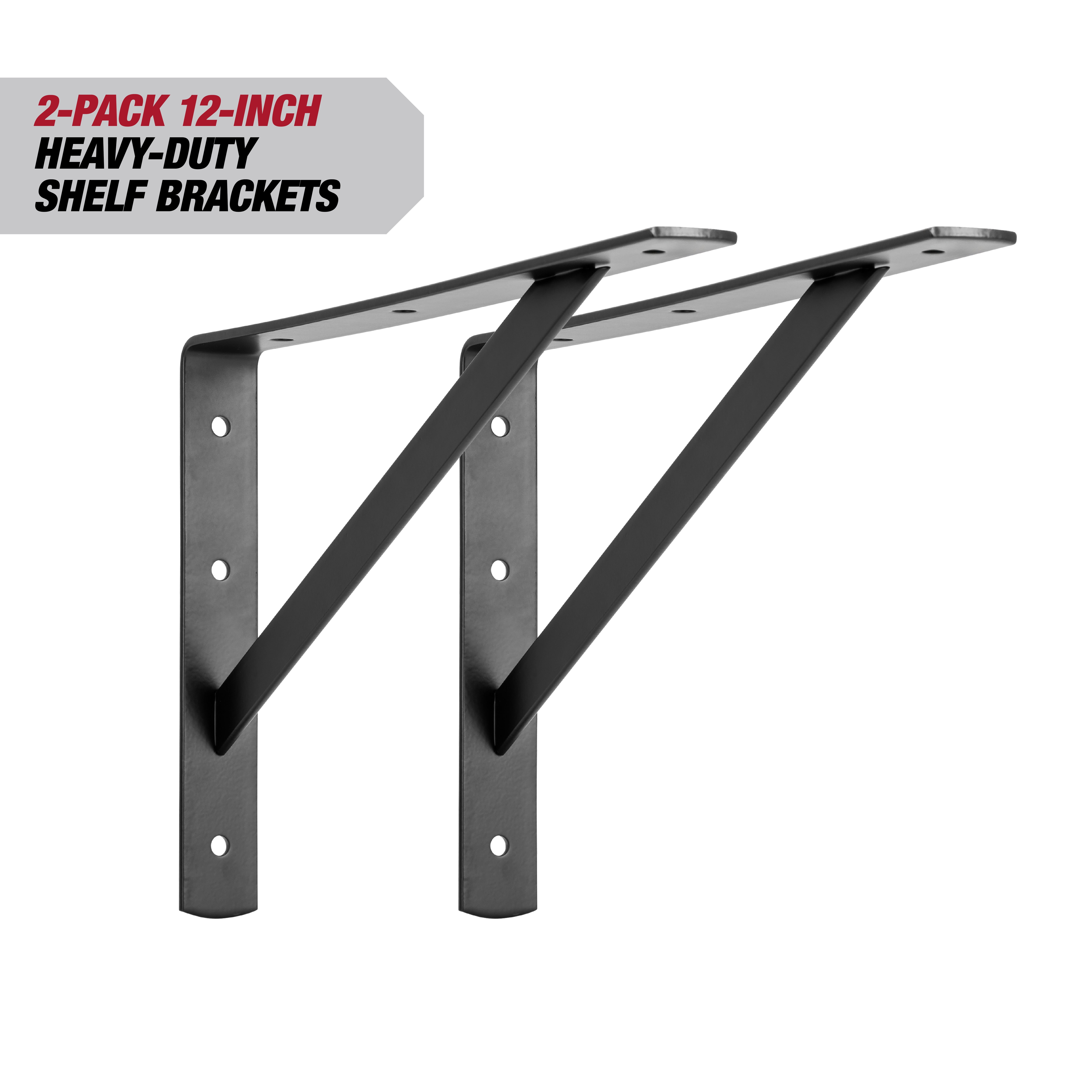 Hyper Tough Heavy Duty Shelf Bracket, Steel, 12 inch, Black, 2-Pack