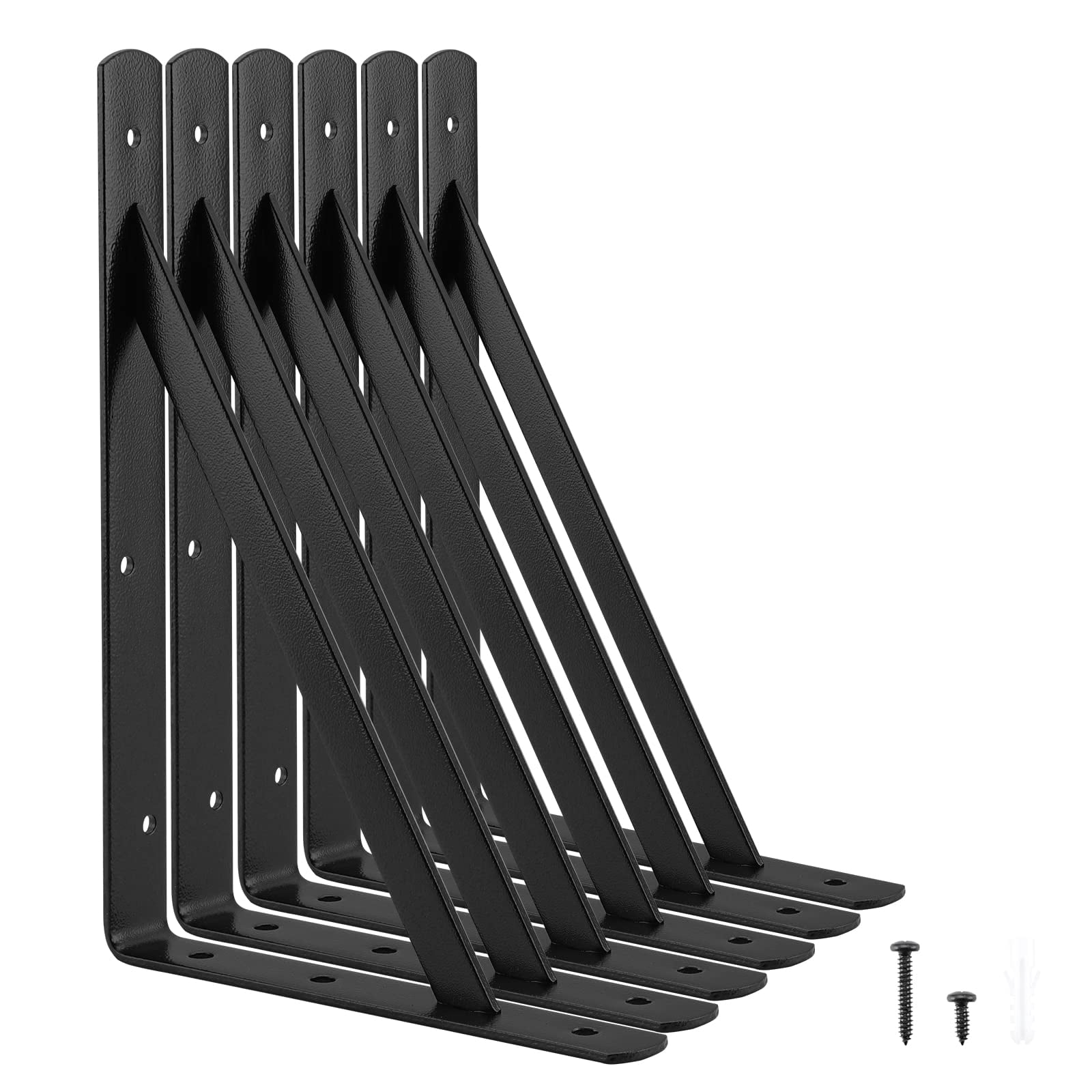 Heavy Duty Shelf Brackets 12 X 8 Inches  6 Pack Black Metal Shelves Supports Load Capacity: 600 Lb Wall Mounted Angle L Floating Bracket Rough Texture Powder Coating