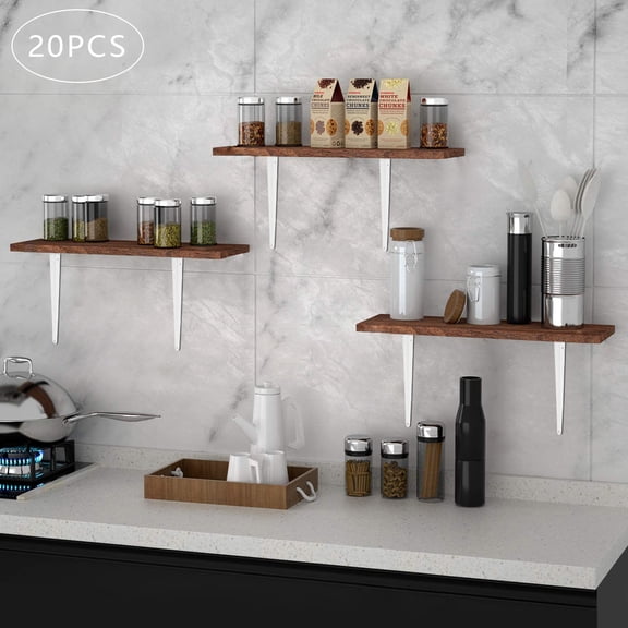 Heavy Duty Shelf Brackets, 20-Pack 8x10 Inch L-Shaped Corner Braces, White Powder Coated Carbon Steel, Supports 16.5lbs Each, for Wall Mounted Shelves