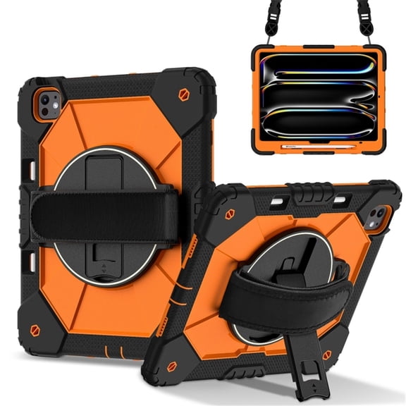 Heavy Duty Shockproof Case for iPad Pro 11 2025 / 2024,Anti drop silicone+PC Layer Protective Case 360 ° Rotating Handle Stand ,Shoulder Strap,Orange