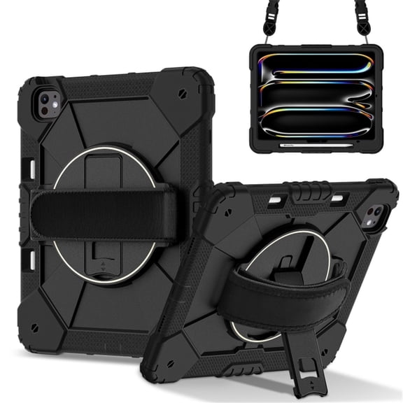 Heavy Duty Shockproof Case for iPad Pro 13 2025 / 2024,Anti drop silicone+PC Layer Protective Case 360 ° Rotating Handle Stand ,Shoulder Strap,Black