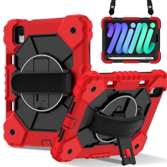 Heavy Duty Shockproof Case for iPad mini 2024 / mini 6,Anti drop silicone+PC Layer Protective Case 360 ° Rotating Handle Stand ,Shoulder Strap,Red