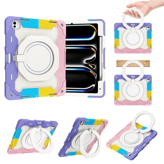Heavy Duty Shockproof Case For iPad Pro 13 2025 / 2024,Anti Drop Silicone+PC Layer Protective Case 360 ° Handheld Rotating Handle Stand ,Shoulder Strapwith With Pen Slot,Pink