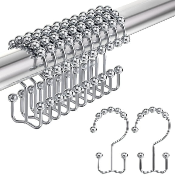 Heavy Duty Shower Curtain Hooks Stainless Steel Double Rings for Bathroom Curtain and Liner Set of 12 Silver