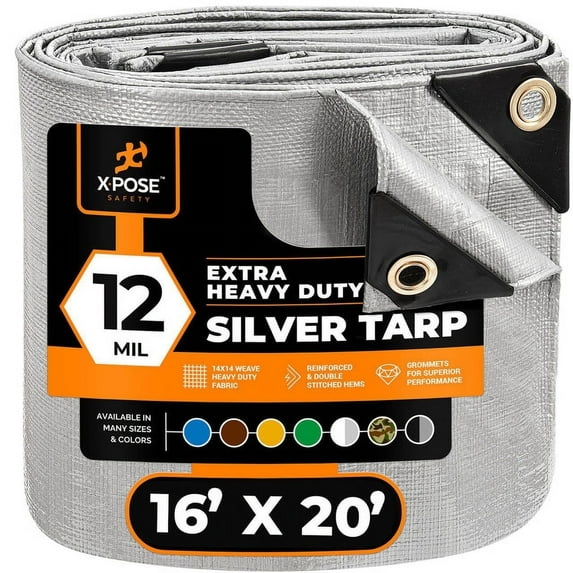 Heavy Duty Silver Poly Tarp 16' X 20' - Multipurpose Protective Cover - Durable, Waterproof, Weather Proof, Rip and Tear Resistant - Extra Thick 12 Mil Polyethylene - by Xpose Safety