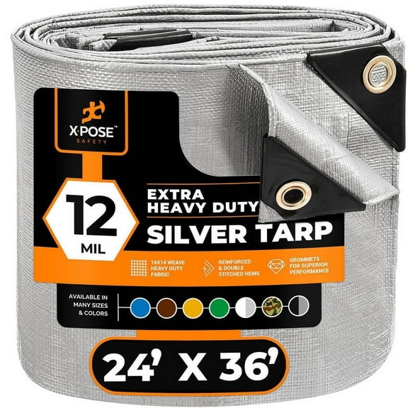 Heavy Duty Silver Poly Tarp 24' X 36' - Multipurpose Protective Cover - Durable, Waterproof, Weather Proof, Rip and Tear Resistant - Extra Thick 12 Mil Polyethylene - by Xpose Safety