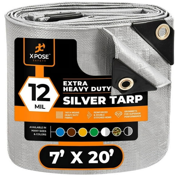 Heavy Duty Silver Poly Tarp 7' X 20' - Multipurpose Protective Cover - Durable, Waterproof, Weather Proof, Rip and Tear Resistant - Extra Thick 12 Mil Polyethylene - by Xpose Safety