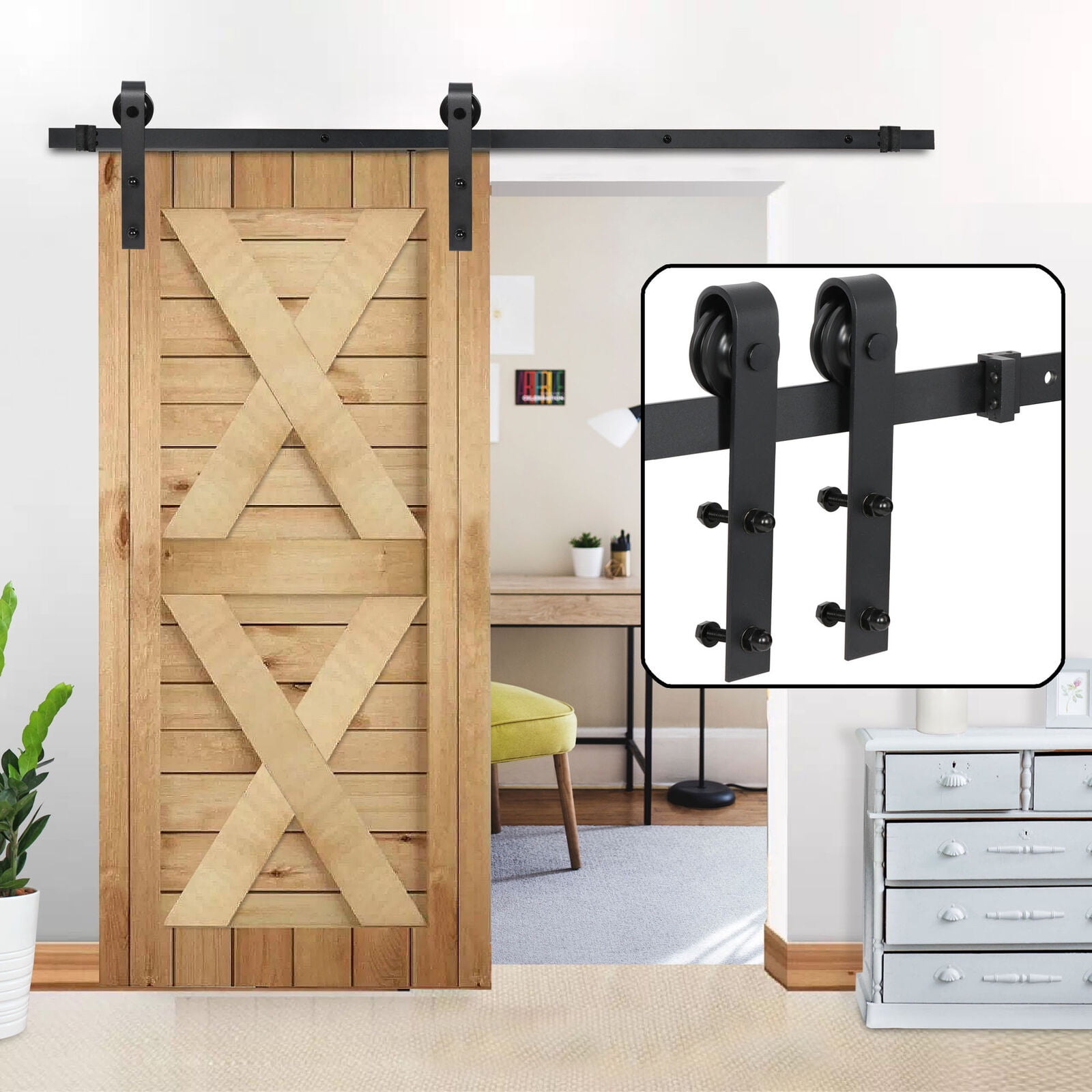 Heavy Duty Sliding Barn Door Hardware Kit 6.6/12 FT Wood Track Rail Black Smooth