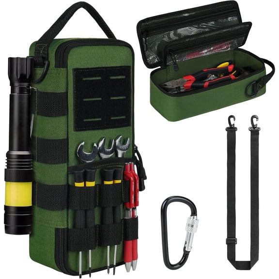 Heavy Duty Small Tool Bags for Men with Carabiner,Tactical Tool Pouch Bag,Portable Utility Tools Storage Organizer Case with Shoulder Strap for EDC,Motorcycle,Camping,Road Trip,Electricians,Green