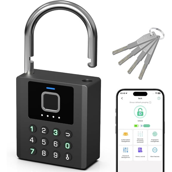 Heavy Duty Smart Padlock with Key, Fingerprint Lock with Code Bluetooth Control, Waterproof Biometric Electronic Digital Keypad Gate Lock for Outdoor Fence Gate Storage Shed Pool