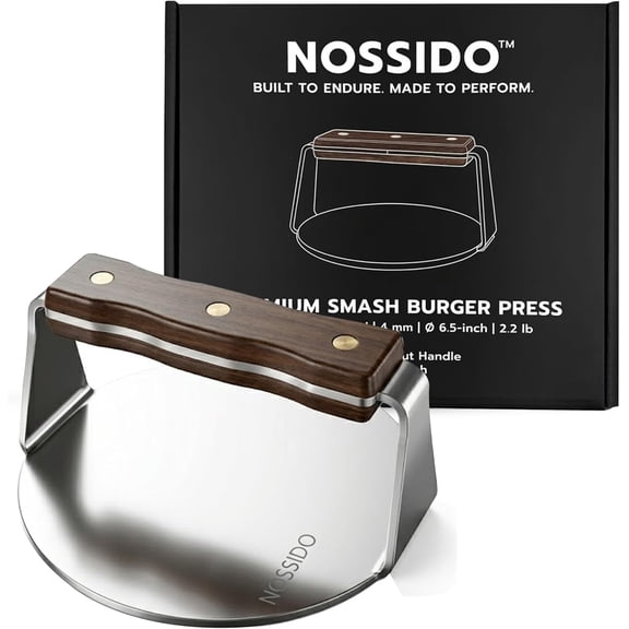 Heavy-Duty Smash Burger Press, 304 Stainless Steel, 6.5 Inch Diameter, 4mm Thick, Natural Walnut Handle, Satin Finish