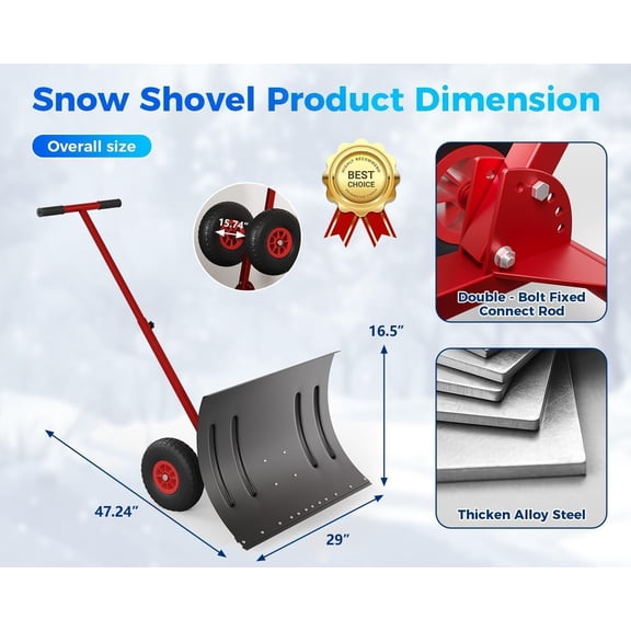 Heavy-Duty Snow Pusher with Wheels, 29" Snow Shovel Plow for Driveway, 5-Position Adjustable Handle, Lightweight Wide Blade for Fast Removal, Metal Back Saver Winter Tool for Doorway Sidewalk, Black