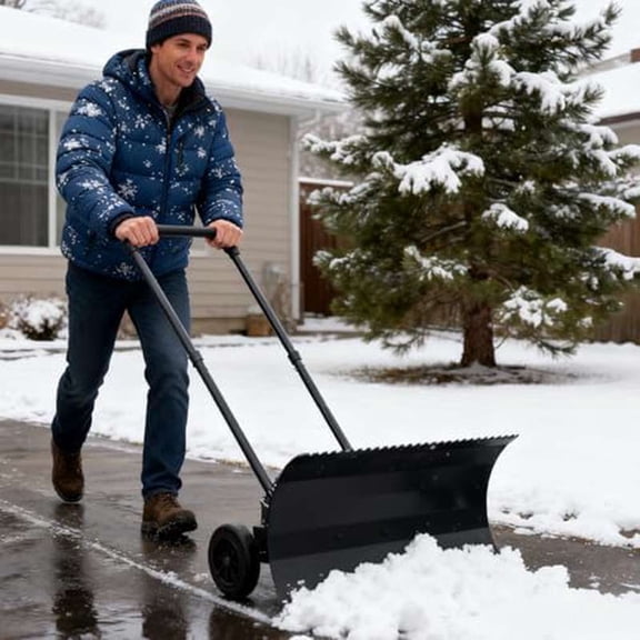 Heavy Duty Snow Shovel with Wheels, 29 Inch Ice and Snow Dual Use Snow Shovel for Driveway, Angle Adjustable Blade Handle Snow Pusher Shovel, Efficient Snow Removal for Driveway