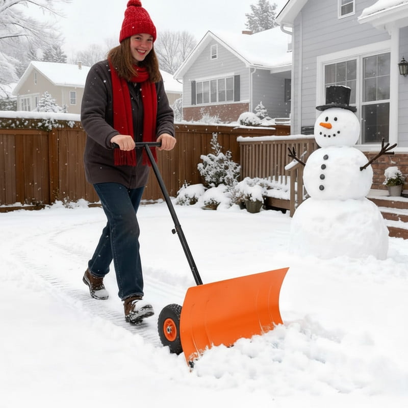 Heavy-Duty Snow Shovel with Wheels, Single Rod Steel Pusher, 5-Position ...