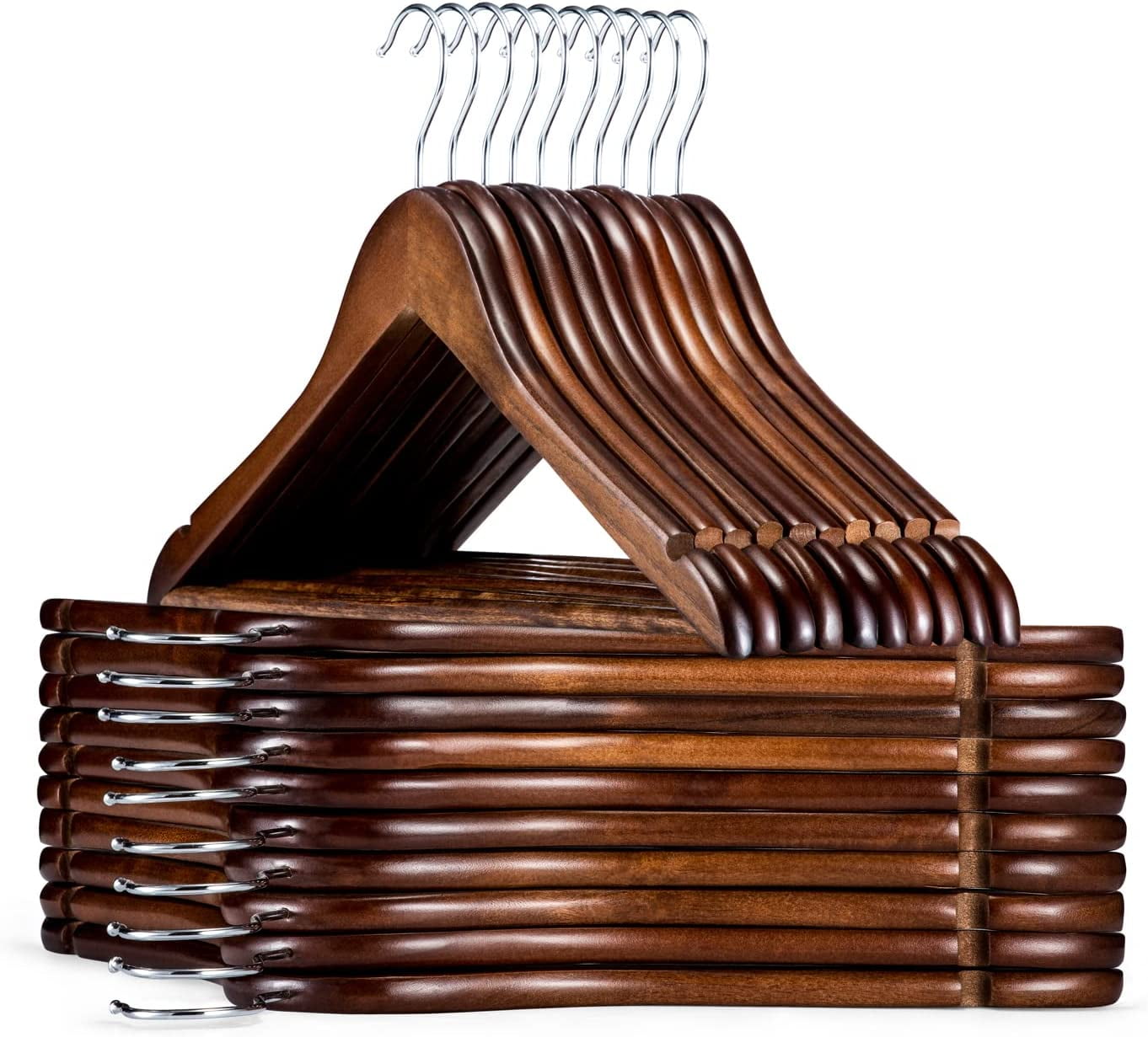 Heavy Duty Solid Wood Coat Hangers 30 Pack, Smooth Finish Bulk Wooden Hangers with Non-Slip Pant Bar and 360 °   Swivel Hook