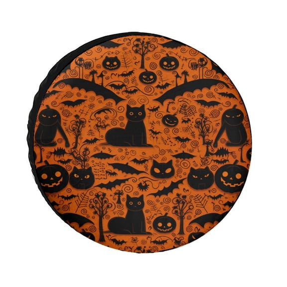 Heavy Duty Spare Tire Cover 12inch Black Cat Pumpkin Bat Orange And Black Protectors Weatherproof Dust-Proof Vintage Halloween for Trailer SUV Truck Camper Travel Trailer Accessories