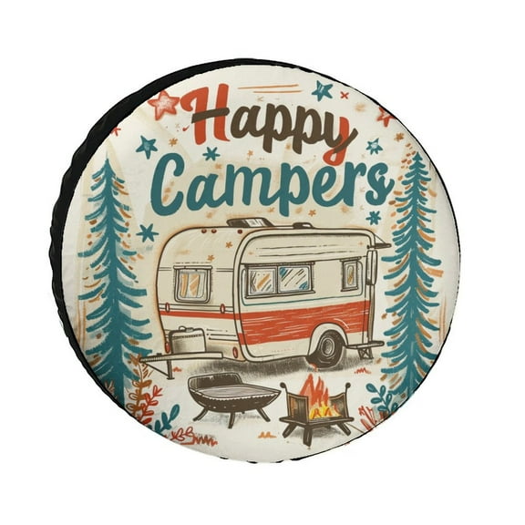 Heavy Duty Spare Tire Cover 13 Inch Happy Campers Waterproof Sun Protection Camper Trailer Campfire for Camper Trailer Truck SUV Universal