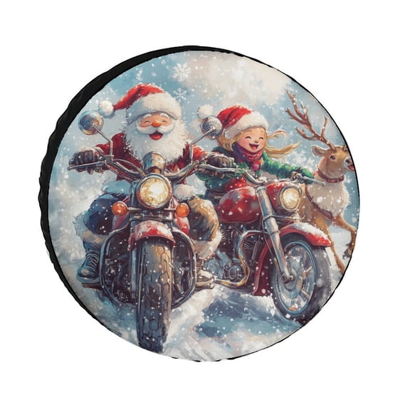 Heavy Duty Spare Tire Cover 14inch Santa Claus And Reindeer Riding Motorcycle Waterproof Polyester Wheel Protectors Wheel Covers Xmas Holiday Decor for Fit for SUV Truck Travel Trailer