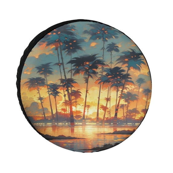 Heavy Duty Spare Tire Cover 15inch Golden Sunset on The Beach Sea Ocean Waterproof Sun Protection Summer Beach Hawaii Coconut Palm Tree Universal for Trailer SUV Truck Camper Travel